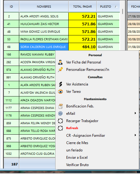 Menú contextual sobre el personal de la planilla